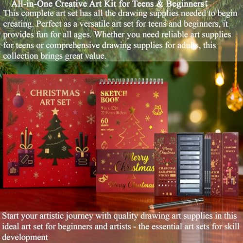 Fuxi Art Supplies for Teens 14-16 Girls, Professional Sketch Book and Pencils Set, Gifts for Sketch Artists with Stocking Stuffers. - color: Christmas Red, size: 9" x 12" (Pack of 1)