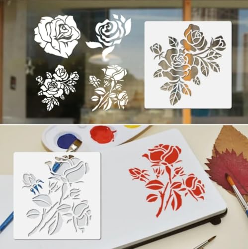 Rose Flower Stencil Set,5.9x5.9 Inch Reusable Flower Stencils Painting Crafts Templates for DIY Art Scrapbook Drawing Stencil for Painting on Wood, Wall, Furniture(4PCS)