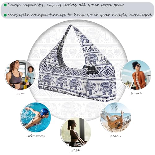 Large Yoga Mat Bag Yoga Bags and Carriers Fits All You Stuff Yoga Tote Bag with Yoga Mat Strap, Elastic Pockets and Zipper Pockets - color: beige blue