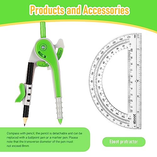 EBOOT Student Geometry Math Set, Drawing Compass and 6 Inch Clear Swing Arm Protractors 180 Degree Math Protractor (Green) - color: Green