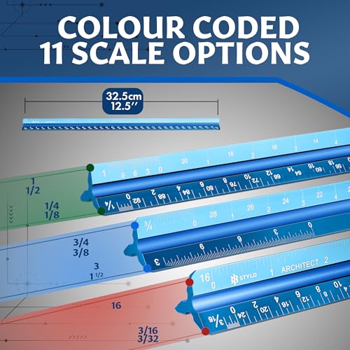 Stylo Architectural Scale Ruler, 12 Inch Aluminum, Light Blue Imperial | Laser Etched Triangular Drafting Scale, Color Coded Grooves, for Blueprints and Floor Plans, Cloth Pouch Included - color: Light Blue, size: 12 inch (Imperial)