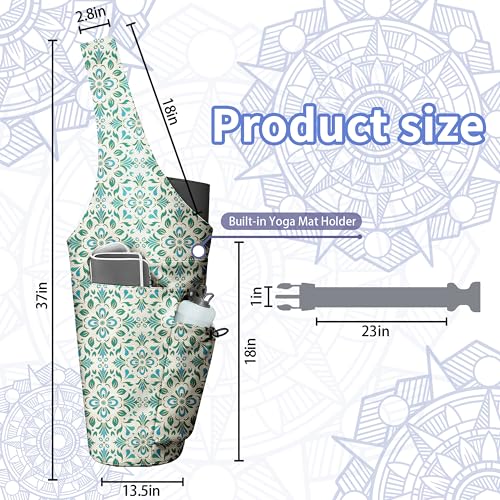 Yoga Bag for Women, Large Yoga Mat Bag Tote Carrier with Wet Dry Pocket | Water Bottle Holder & Adjustable Strap, Fits 1/2" Thick Yoga Mat for Gym, Pilates, Travel, Work - color: Green Flowers