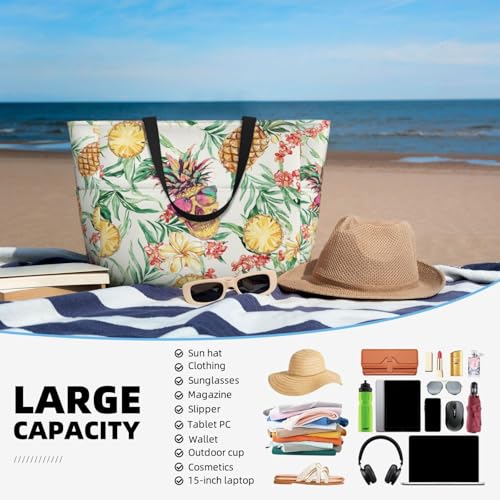 Large Beach Bag for Women Waterproof Foldable Travel Shoulder Tote Bag with Pocket for Weekender Pool Vacation - color: Pineapple Beige