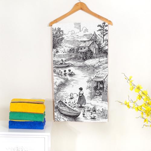Classic Old Town Beach Towel Village Arcadian Scenes of Fishing Goose Watermill Face Towels Suit Travel Sports Pool Swimming Bath Camping Spa Gym Yoga,15x30 Inch - color: Classic Old Town