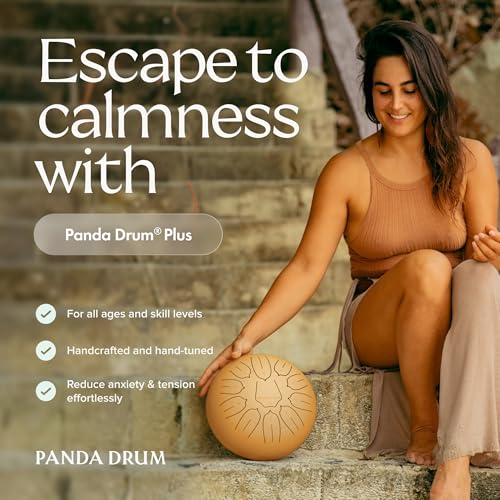 Panda Drum Plus (Sandstone) | Steel Tongue Drum | 11 Inch | Calming Handpan | with Music Book, Mallets, Carrying Bag & Finger Picks | 432 Hz Rain Drum | Calming Musical Instrument for Adults - color: 2-Sandstone