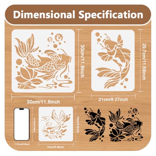 9Pcs Koi Fish Stencils, Animals Reusable Painting Templates | Multi-Size Plastic Craft Stencils, Koi Fish Wall Stencils, DIY Home Decor Templates for Wall Floor Fabric Furniture Glass - style: Koi Fish