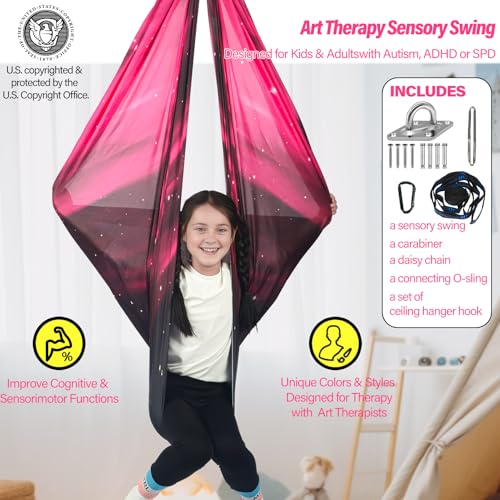 Sensory Swing for Kids Holds 300lbs Therapy Cuddle Hammock Chair | Soft breathable skin-friendly fabric, indoor & outdoor usable, calming sensory support for kids with Autism, ADHD and SPD - color: Space Pink