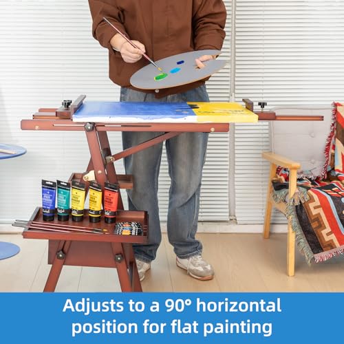 Large Horizontal Wooden Painting Easel, Holds up to 50'' | H-Frame Studio Easel Stand with Storage Drawer and Palettes, Suitable for Adults, Beginners, and Artists, Walnut - style: Walnut