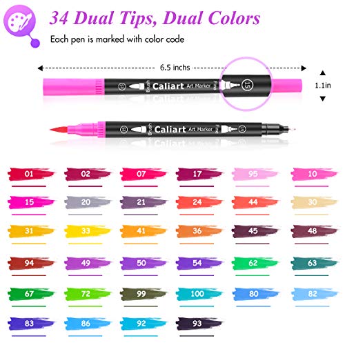 Caliart 34 Double Tip Brush Pens Art Markers for Adult Coloring Books | Artist Fine & Brush Coloring Markers for Journaling Calligraphy Hand Lettering Drawing Teacher Office Art Supplies - color: Black, size: 1 Count (Pack of 34)
