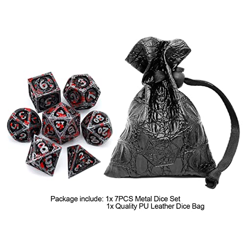 Haxtec Metal DND Dice Set, 7 Pcs Dragon Pattern Polyhedral Dice for RPG | Halloween Dice, Bloodstained D&D with Leather Bag, Compatible with Dungeons and Dragons, Heavy Metallic, TTRPG Gifts - color: Antique Silver Red