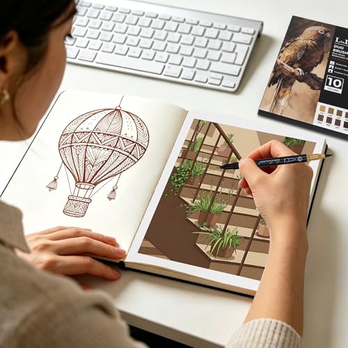 LIULIUCAI 10 Brown Dual Markers, Fine & Brush Tip Pen for Adult Coloring | Drawing Pen, Earthy Brown Markers for Wood Textures, Rustic Illustrations, Animal Sketches , Cozy Interiors, No Bleeding - color: 10 Brown