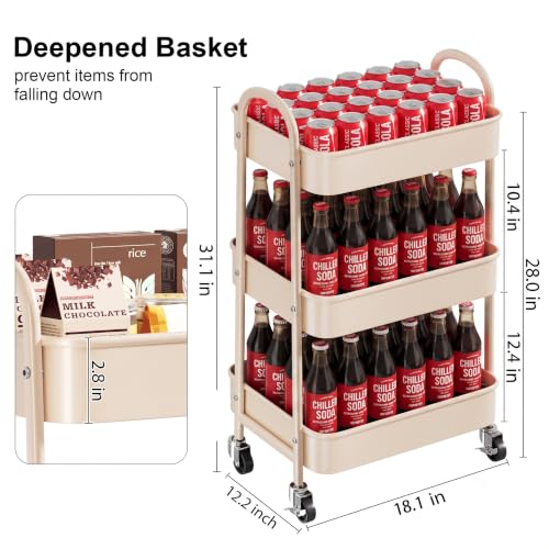 Beige 3 Tier Rolling Cart Metal with Wheels,Tan Three Tiered Bedside Carts | Utility Storage Organizer Trolley on Wheels for Art, Craft, Diaper Caddy,Nursing,Postpartum,Baby Essentials,Bathroom Supplies - color: Light Beige