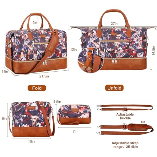 ITIEZY Weekender Bag for Women 21.5" Travel Duffel Large Carry On Bag 3PCS | Nylon Duffel Bag with Waterproof Shoe Compartment, Crossbody Bag and Toiletry Bag, Travel Weekend Hospital Overnight Gym Bag - color: 8-Purple Leaf