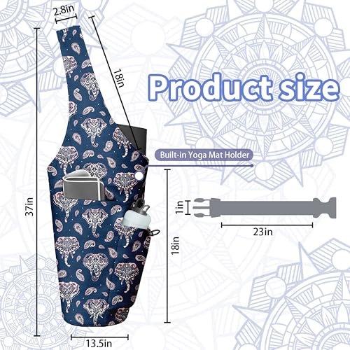 Yoga Bag for Women, Large Yoga Mat Bag Tote Carrier with Wet Dry Pocket | Water Bottle Holder & Adjustable Strap, Fits 1/2" Thick Yoga Mat for Gym, Pilates, Travel, Work - color: Blue Elephant
