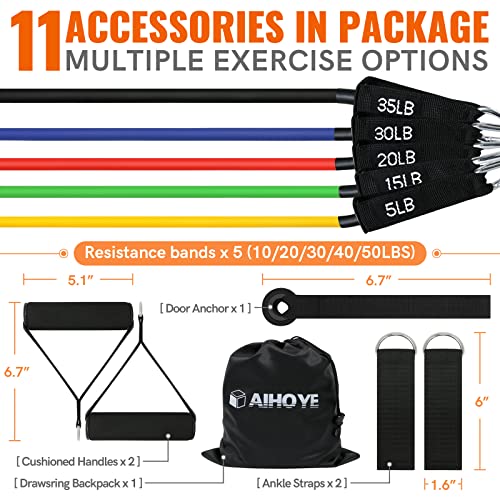 Aihoye Resistance Bands with Handles & Door Anchor for Strength Training - color: 5-105LB Set (11 Pcs)
