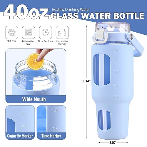BLUEGO 40 oz Glass Water Bottle With Straw, Leakproof With Time Marker and Silicone Sleeve, Wide Mouth for Travel, Gym, Workout, Blue - color: Light Blue, size: 40 Ounces