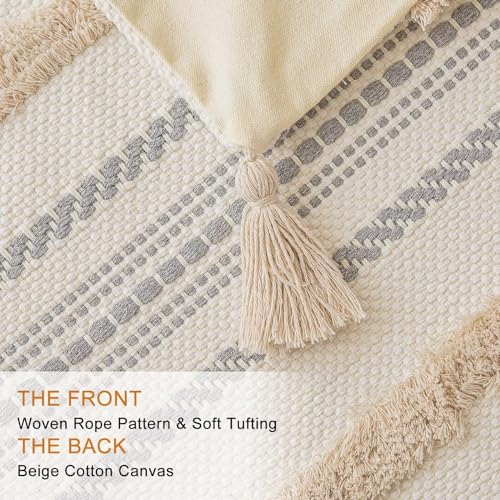 BUIOVBEY Boho Throw Pillow Covers Woven Tufted Pillow Cases with Tassels | Farmhouse Pillow Covers 18x18 Set of 2 Textured Striped Cushion Case Neutral Decorative Pillowcase for Sofa Couch Bed Khaki - color: Khaki, size: 18" x 18" (Pack of 2)