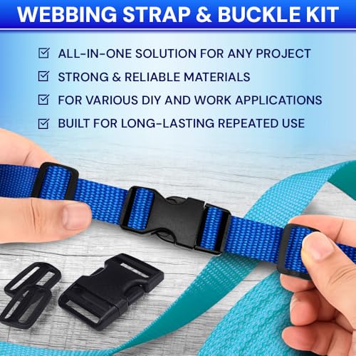 TECEUM 1" Nylon Strap Kit with Buckles, Simple Blue 6 yards Repair Set | Heavy duty hardware kit: 6yd webbing, 6 quick release buckles, 12 tri-glide slide clips, 6 metal D-rings for crafting. - color: Simple Blue, size: 1" - 6 yards, style: 6 Buckle - 12