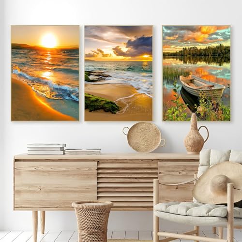 OFRKE Diamond Painting Kits for Adults,3 Pack Sunset Ocean Diamond Art for Beginners, Diamond Round 5D Full Drill Paint with Diamonds Pictures Gem Art Painting Kits DIY Crafts Kits 12x16inch - color: 3pcs-Sunset Ocean