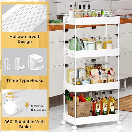 SPACEKEEPER 4 Tier Rolling Cart, Bathroom Cart Organizer with Wheels, White - color: White, size: 4 Tier