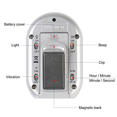 x-wlang 3-in-1 Alerts timer 1013 with vibration ,beep and flash.(kitchen timer ,medical timer,therapeutic timer), silver
