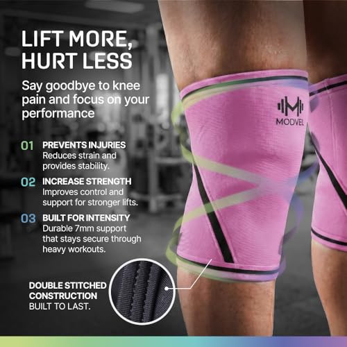Modvel 7mm Neoprene Knee Sleeves for Men & Women Weightlifting & Powerlifting – Compression Knee Sleeve Support for Squats, Gym, Training – USPA, IPL Approved – Medium Pink (Pair) - color: PINK, size: Medium