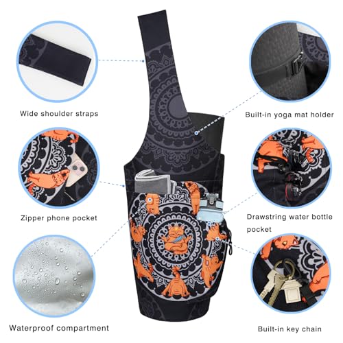 Yoga Mat Bag - Large Opening Long Tote Yoga Mat Carrier Holder Bag with Waterproof Wet Zipper Pocket and Drawstring Water Bottle Pocket - Yoga Bag Fit Most Size Mats - color: Cat Yoga Black