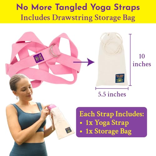Extra-Wide 2 Inch Cotton Yoga Strap: Stretching, Physical Therapy, Exercise | Slip-free steel D-rings; adjustable; non-slip; 8 & 10 ft lengths; storage bag + e-book; hamstring & legs; flexibility & rehab - color: Pink, size: 10 feet
