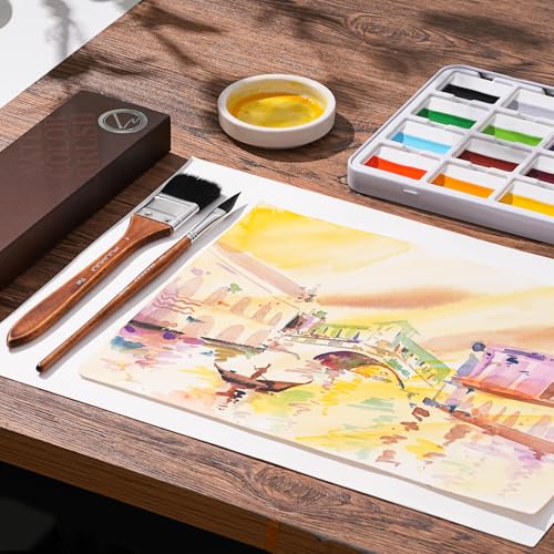 Fuumuui Professional Watercolor Brushes - 10Pcs Synthetic Squirrel Hair Paint Brush Set with Wide Flat, Round, Detail, Dagger, Cat's Tongue for Watercolor Gouache Inks Painting - color: Brown