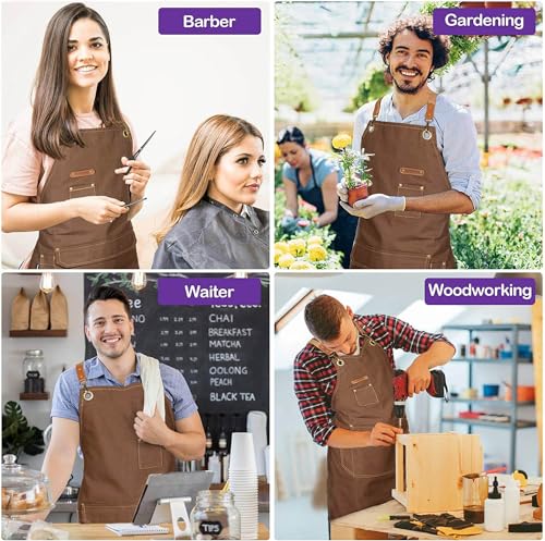 Chef Apron with Cross Back Straps for Men Women, Cotton Canvas Apron for Artists Painting, Kitchen Cooking - color: Brown