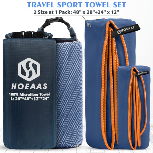 HOEAAS 2 Pack Microfiber Camping Towels, Quick Dry Towel, Super Absorbent Ultra Compact Travel Towel Soft Lightweight Sports Towel for Sweat Fast Drying Towels for Pool,Gym,Hiking,Backpacking,Fitness - color: Navy Blue, size: L: 48" x 28"+24" x 12"