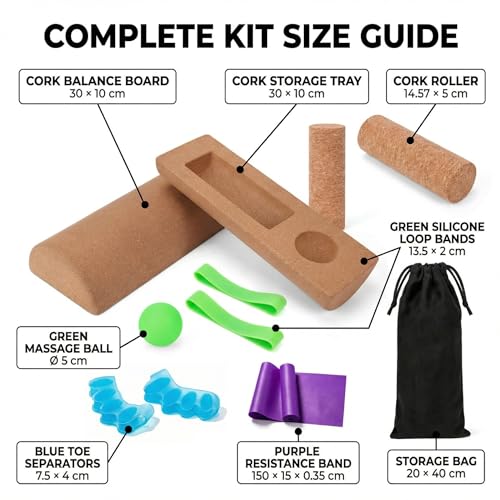 Cork Balance Board, 4-in-1 Foot & Ankle Strengthener Kit with Massage Roller, Ball, Resistance Bands & Toe Separators, Premium Balance Trainer for Physical Therapy, Plantar Fasciitis Relief & Stability Training