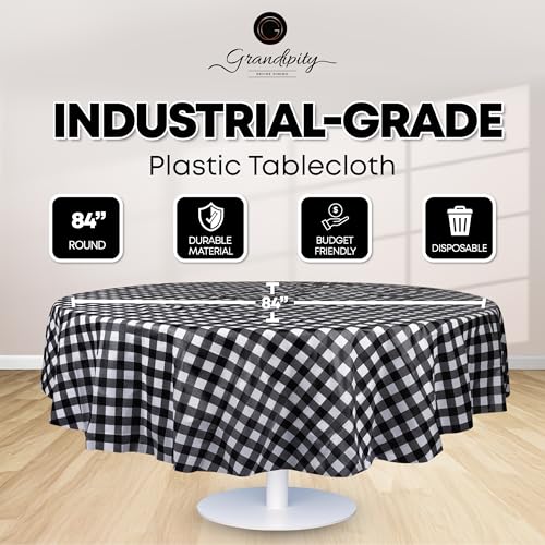Grandipity Plastic Table Cloth Disposable 12 Pack 84" Round Gingham | Plastic table covers, durable disposable tablecloths, fade and tear-resistent table cover for party, event - color: Black Gingham, size: 84in. Round