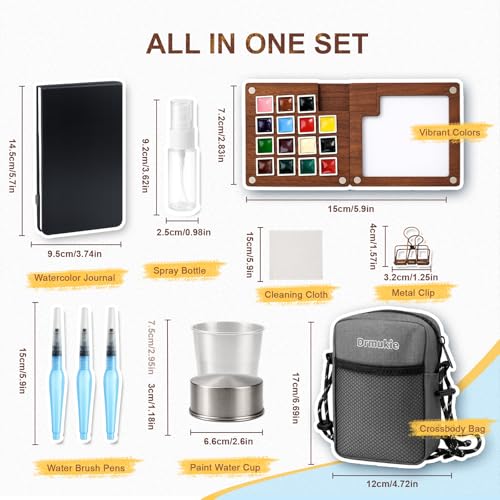 Mini Watercolor Paint Set 15-Color Walnut Wood Travel Paint Kit with Bag | Portable Pocket Paint Set with Watercolor Journal, Metal Clip, Paint Water Cup, Water Brush, Art Lovers Gifts Grey - color: Grey