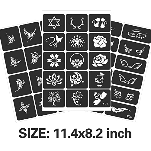 24 Sheets Henna Stencils for Kids Teens Adults | 400+ Reusable Tattoo Stencils, Glitter Tattoo Stencils For Face Hand Back