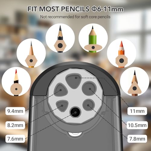 AFMAT Electric Pencil Sharpener for Classroom, 6 Holes, Cordless & Rechargeable, Fast Sharpen, Auto Stop, 10K+ Uses, Heavy Duty Pencil Sharpener for 6-11mm No.2/Large/Colored Pencils PSD2(Black) - color: Black