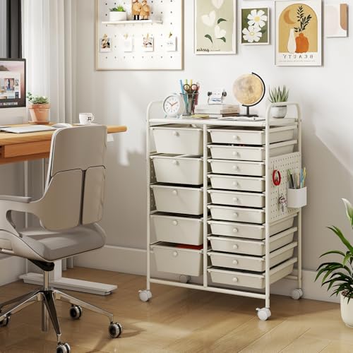 DREAMADE 15-Drawer Rolling Storage Cart, Craft Organizer Cart, White | Mobile Utility Cart with Metal Pegboard Panels, Tabletop and Lockable Wheels for Classroom, Office, Studio and Playroom - color: White, size: With Pegboard - 25" x 14.5" x 34.5"