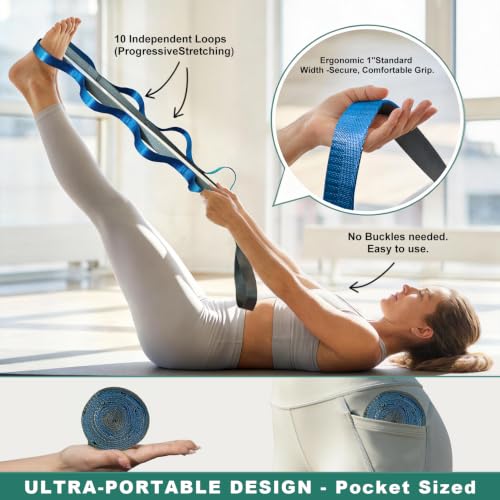 Acozycoo Stretching Strap with Loops for Leg Calf Back Physical Therapy | Non-Elastic Yoga Strap for Stretching,Stretch Band,Leg Lifter,Rehab,Knee,Hip,Pilates,Flexibility Training,Hamstring,Fascia - color: Blue
