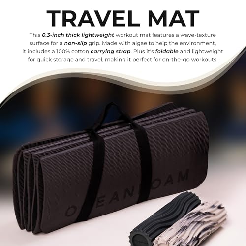 Oceanfoam Travel Workout Mat – 0.3" Thick Folding Exercise Mat for Yoga, Pilates, & Fitness – Non-Slip with Cotton Carrying Strap, Made with Sustainable Algae Foam – 24" x 72" (Charcoal) - color: Charcoal