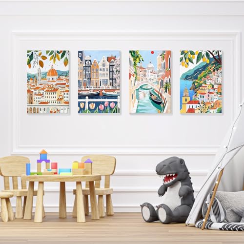QENSPE 4 Pack Paint by Numbers Kit for Adults with Wooden Frame, Cityscape Adults Paint by Number for Beginners, DIY Easy Acrylic Oil Painting Kits on Canvas, Home Wall Decor Gift 8X12 inch - color: Cityscape