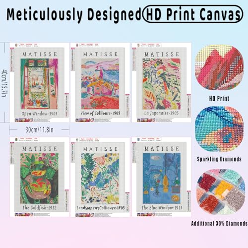 6Pack Matisse Diamond Art Kits for Adults Diamond Painting Kit for Beginner | Cute Flower 5D Funny DIY Diamond Dots Full Drill Crafts for Gem Art Dot Art for Adults Home Wall Decor for Teens 12x16 in - color: KC-ZSH-629, size: Round Drill