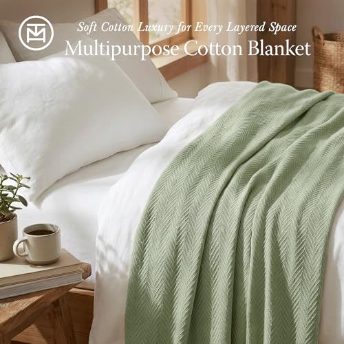Threadmill Luxury 100% Cotton Twin Herringbone Blanket, Sage Green | All-Season Thermal Throw Blanket, Soft & Breathable, Cozy Moisture-Wicking, OEKO-TEX Certified, Machine Washable, 68x92 in - color: Sage Green, size: Twin (68" x 92")
