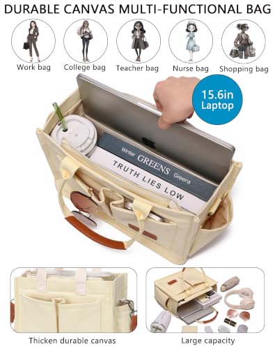 ZHMO Canvas Tote Bag for Women,Women's Bags Crossbody Bags Work Laptop Tote Bag Large Handbags Purse for Travel Nurse Teacher - color: New Upgrade Beige With Compartments and Side Cup Holders