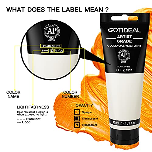 GOTIDEAL Metallic Acrylic Paint Pearl White Tubes(120ml, 4.1 oz) | Non Toxic, Non Fading, Rich Pigments,for Painters, Adults & Kids,Ideal for Canvas Wood Clay Fabric Ceramic Craft Supplies - color: Pearl White, style: Metallic