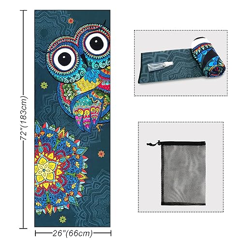 Yoga Mat Towel with Corner Pockets - Microfiber Yoga Towels for Hot Yoga Non Slip Moisture Wicking Sweat Absorbent, Owl Yoga Towel Easy for Travel, Use in Hot Yoga, Bikram, Pilates and Fitness - color: Mandala Owl, size: 72"x26"