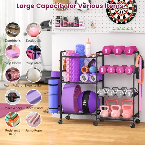 Dumbbell Rack, Weight Rack for Home Gym, Yoga Mat Storage Rack, Exercise Equipment Storage with Wheels and Hooks, Home Gym Equipment Organizer for Kettlebells - size: Standard