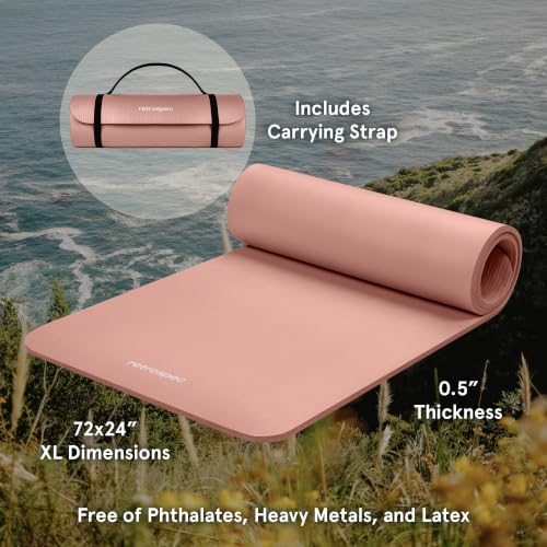 Retrospec Solana Yoga Mat Thick 1/2in Non-Slip Workout Mat with Nylon Strap - 72x24in Exercise Mat for Pilates, Stretching & Fitness - BPA Free, Easy Clean - color: Rose