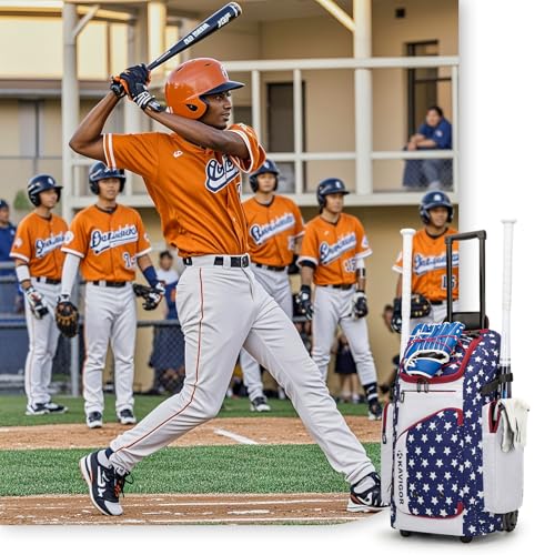 KAVIGOR Rolling Baseball Bag with Wheels, 60L Capacity Softball Bag Holds 4 Bats for Boys and Girls, Youth Equipment Bag with Shoe Compartment - color: Red White & Blue