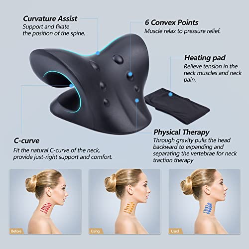 Cozyhealth Neck Stretcher for Neck Pain Relief, Heated Cervical Traction Device Pillow with Graphene Heating Pad, Neck and Shoulder Relaxer for TMJ Pain Relief and Cervical Spine Alignment (Black) - color: Black
