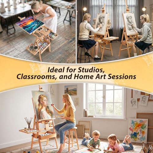 Beech Wood H-Frame Painting Easel Stand,Flat & Upright Adjustable Art Easel | Adjustable height 48"-82" & tilt 0°-90", fits 30"-50" canvas, Foldable wooden easel with storage drawer & trays for adults - color: Organic Natural